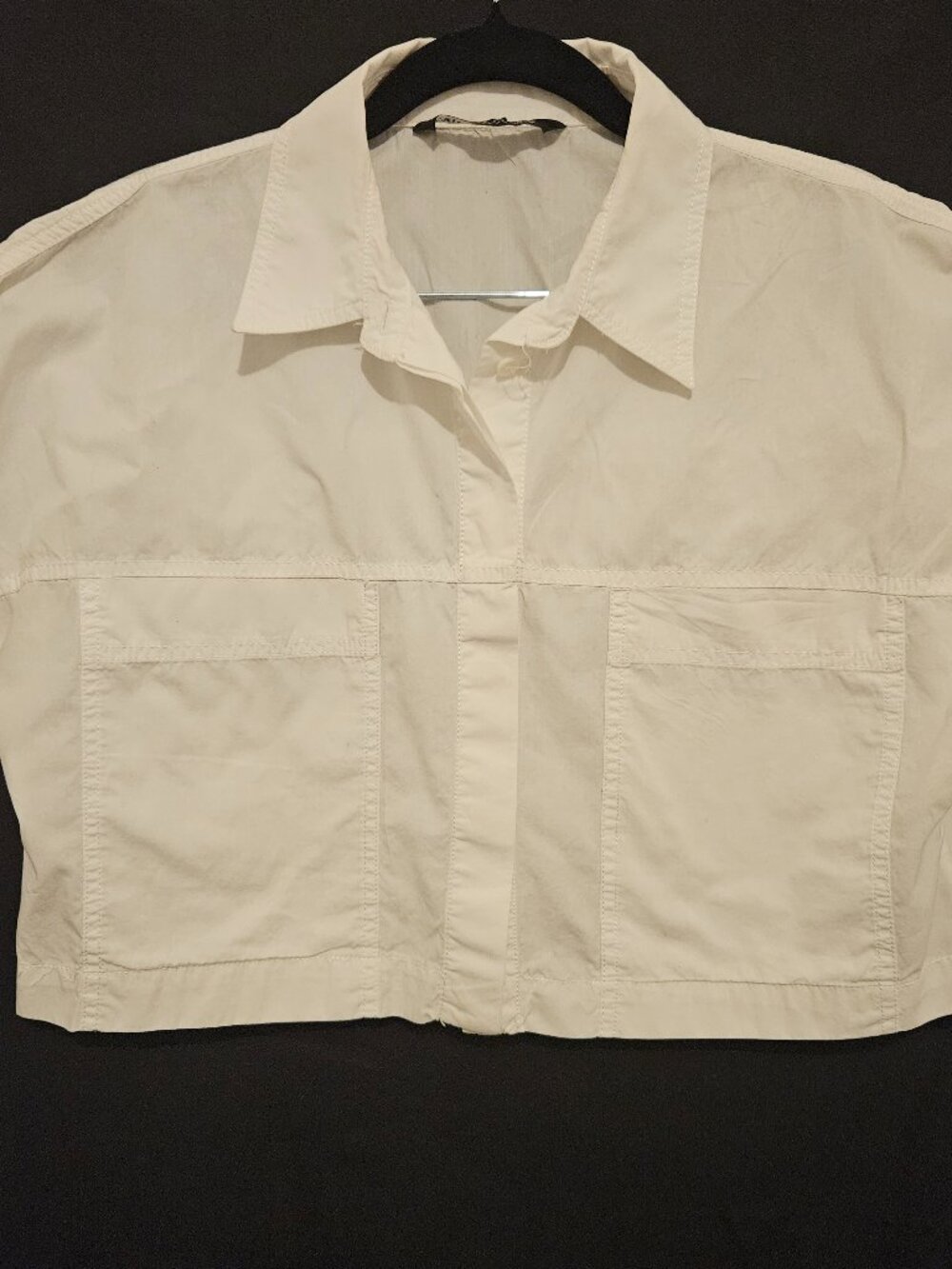 Zara Cropped Poplin Shirt Off-White Collared Patch Pockets Boxy Short Sleeve S